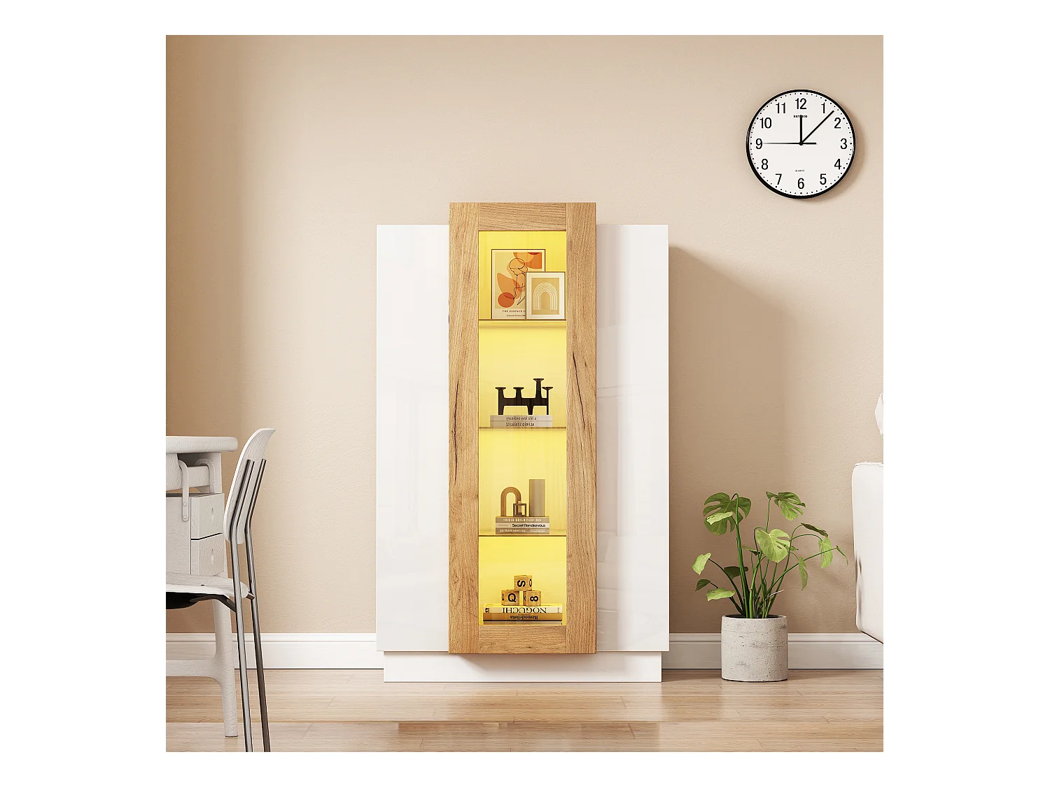 Vitrine blanc 74x40x120cm avec 3 portes dont 1 en acrylique, tablettes en verre, LED inclus