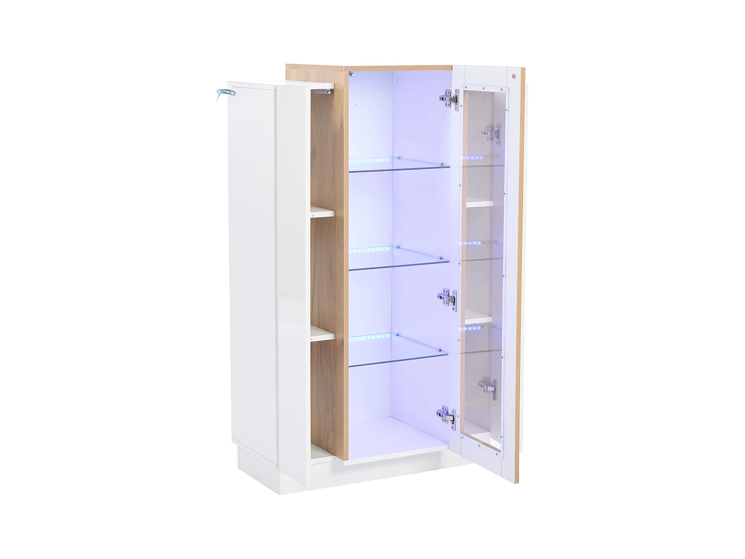 Vitrine blanc 74x40x120cm avec 3 portes dont 1 en acrylique, tablettes en verre, LED inclus