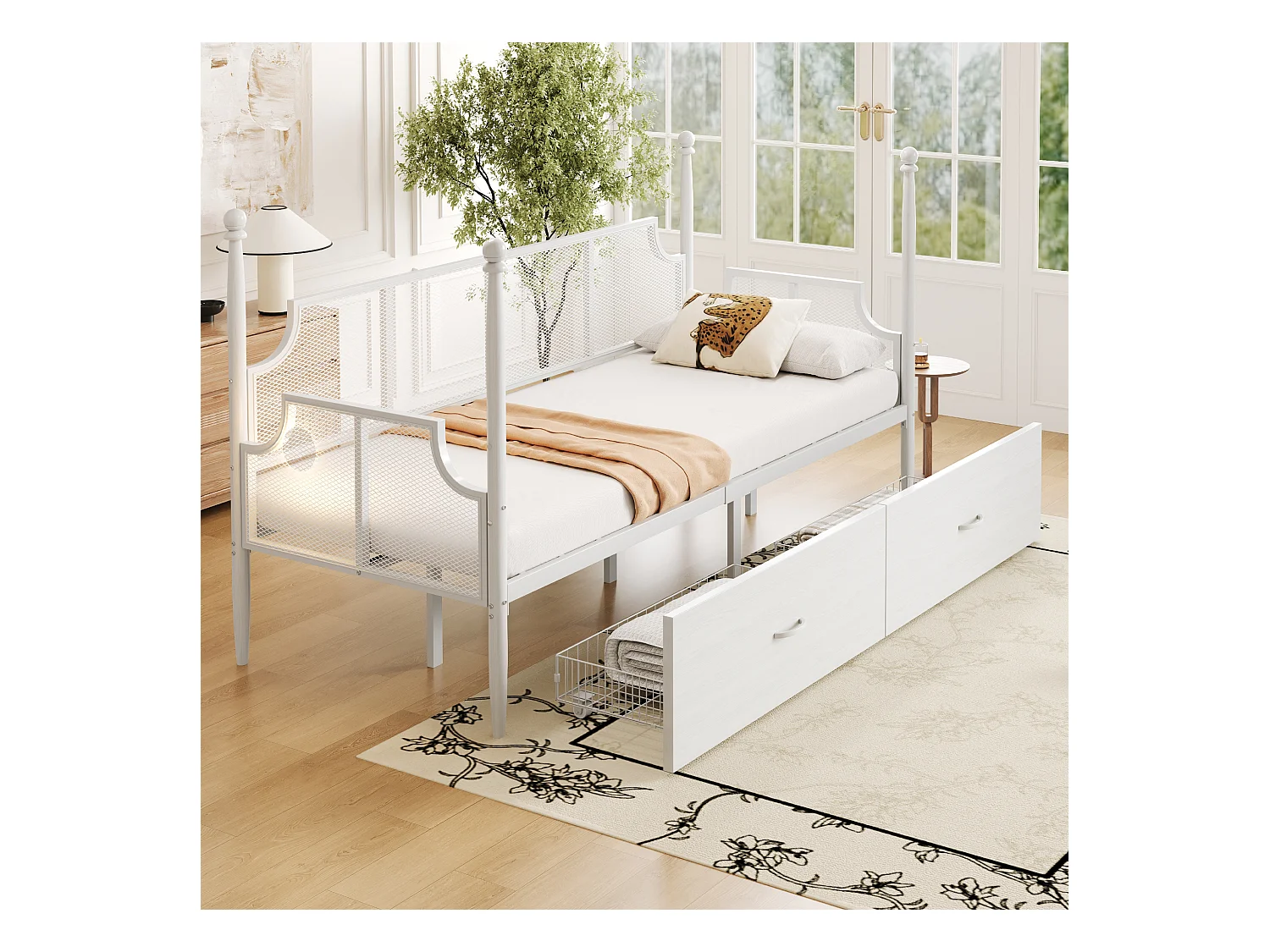 Cama infantil 90x200cm com dossel e 2 gavetas, estrutura de ferro, sem colchão, branca