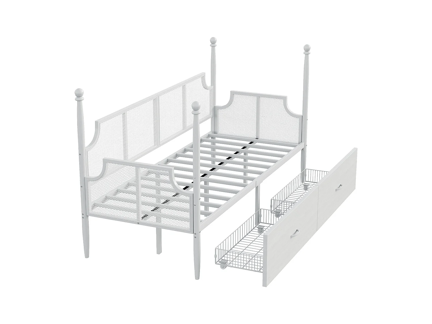 Cama infantil 90x200cm com dossel e 2 gavetas, estrutura de ferro, sem colchão, branca