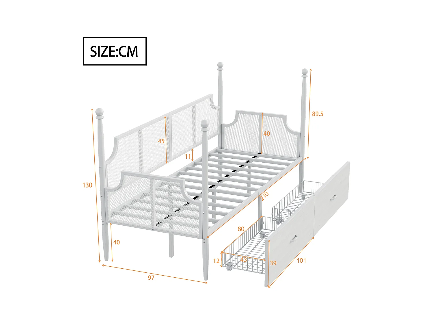 Cama infantil 90x200cm com dossel e 2 gavetas, estrutura de ferro, sem colchão, branca
