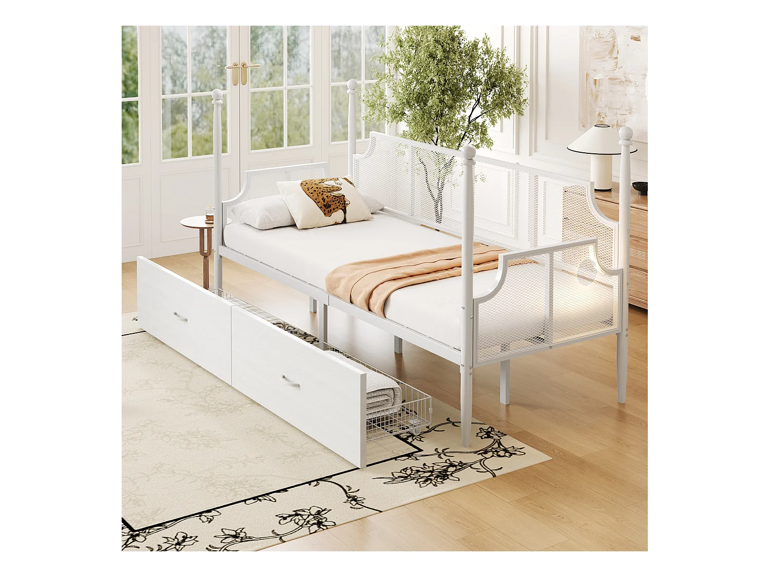 Cama infantil 90x200cm com dossel e 2 gavetas, estrutura de ferro, sem colchão, branca