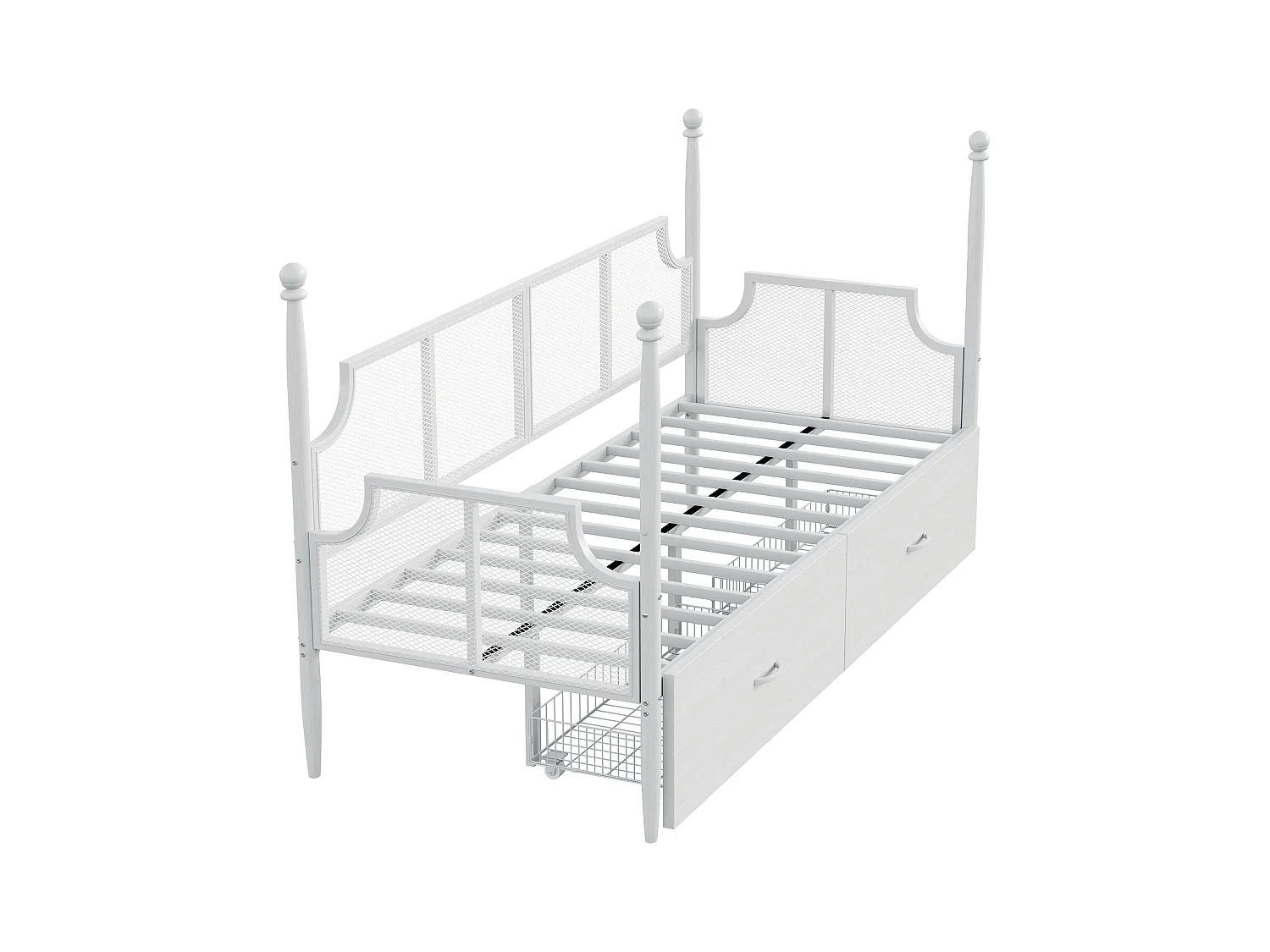 Cama infantil 90x200cm com dossel e 2 gavetas, estrutura de ferro, sem colchão, branca