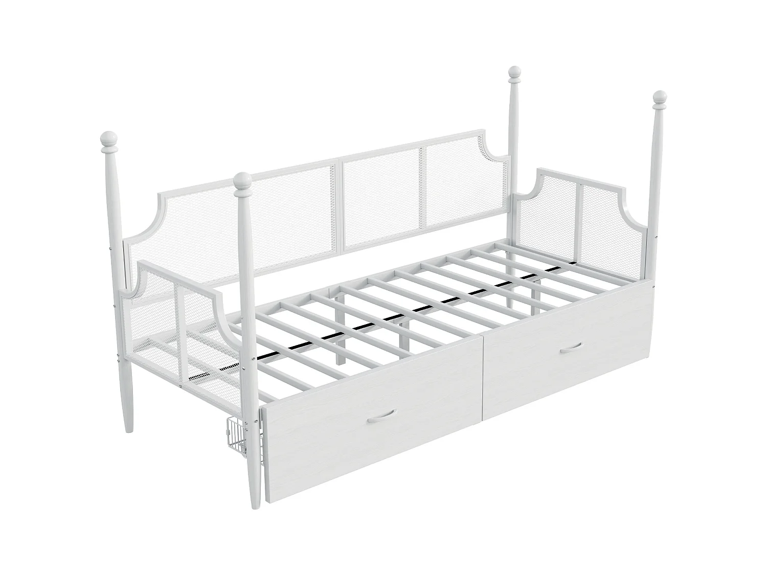 Lit enfant 90x200cm à baldaquin avec 2 tiroirs, cadre en fer, sans matelas, blanc