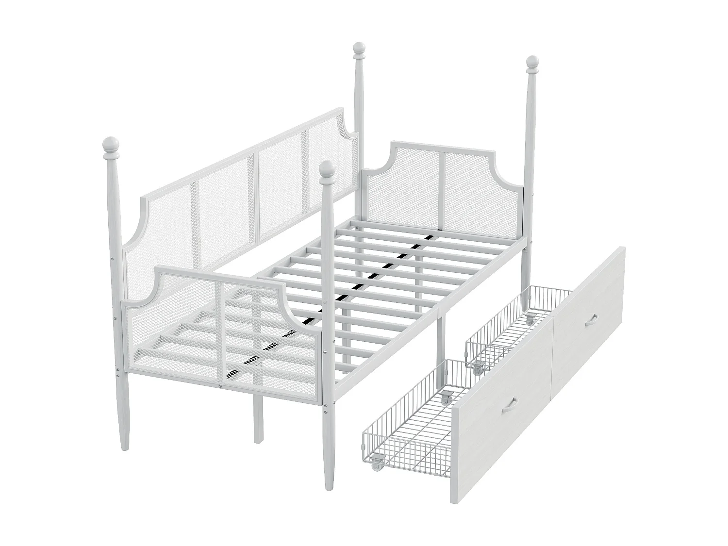 Lit enfant 90x200cm à baldaquin avec 2 tiroirs, cadre en fer, sans matelas, blanc