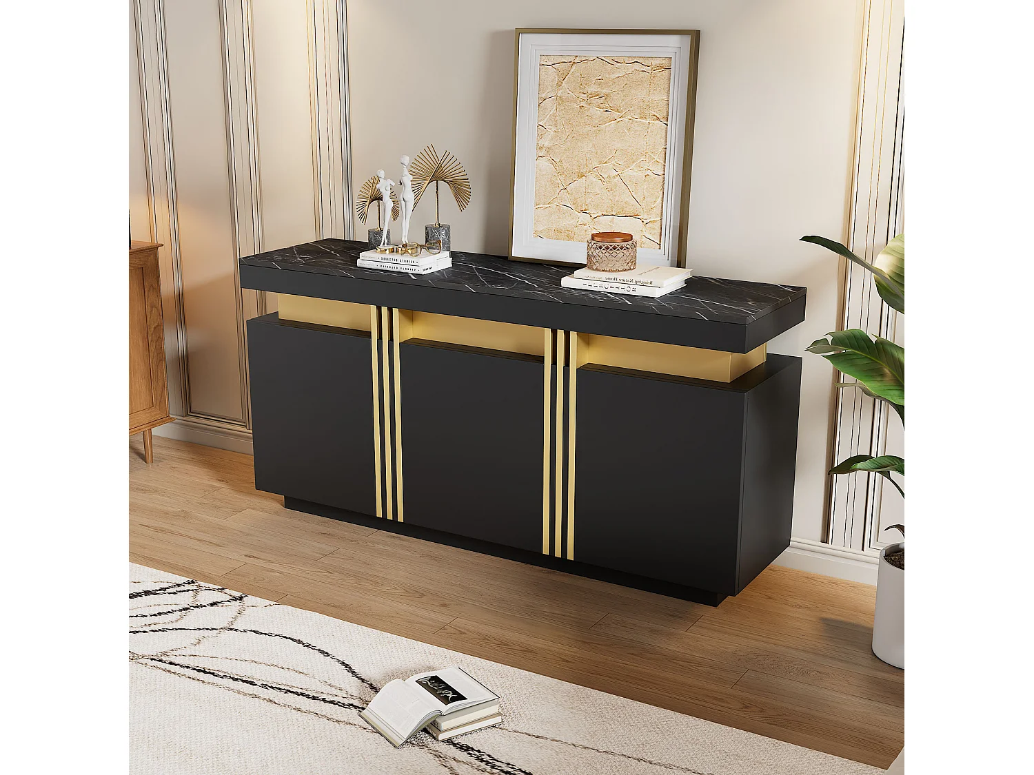 Modern dressoir 140x38x70cm met 3 deuren en een marmerlook bovenblad, zwart en goud