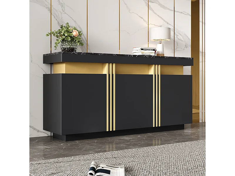 Modern dressoir 140x38x70cm met 3 deuren en een marmerlook bovenblad, zwart en goud