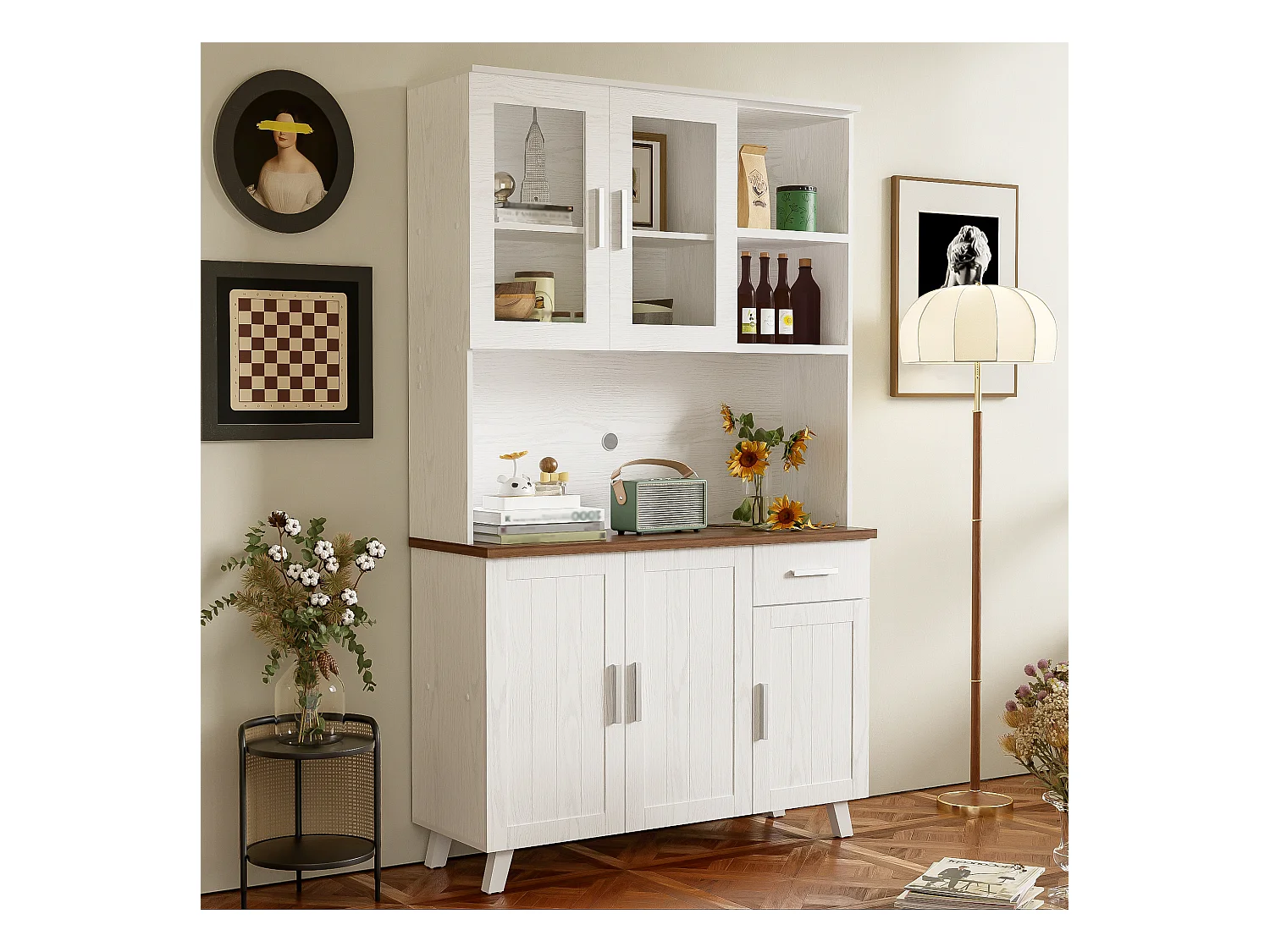 Buffet de cuisine 114.5x40x190cm avec 5 portes, 1 tiroir et 2 niches, corps en placage woodgrain blanc et marron