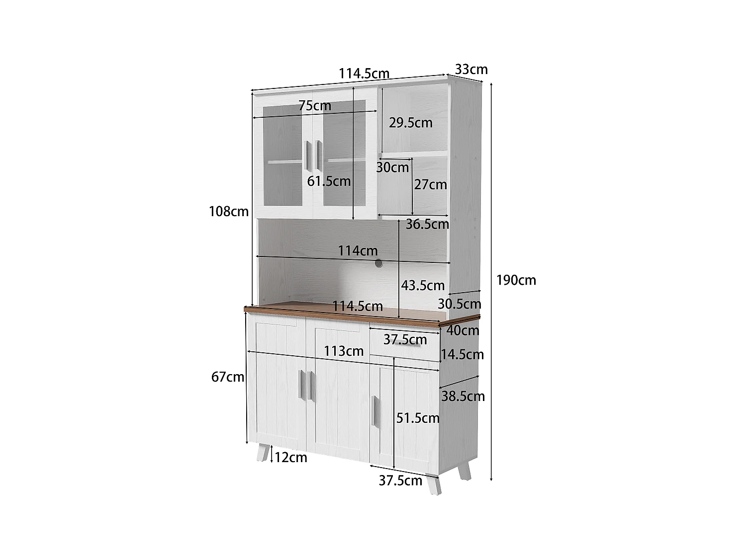 Buffet de cuisine 114.5x40x190cm avec 5 portes, 1 tiroir et 2 niches, corps en placage woodgrain blanc et marron
