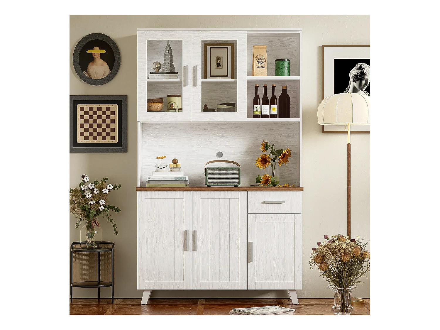 Buffet de cuisine 114.5x40x190cm avec 5 portes, 1 tiroir et 2 niches, corps en placage woodgrain blanc et marron