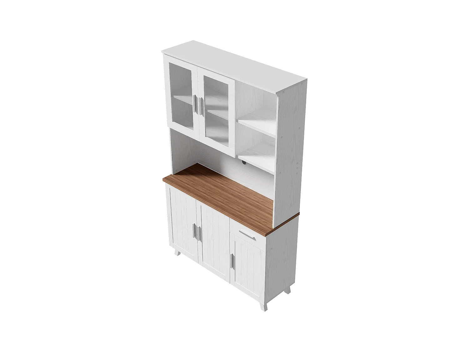 Buffet de cuisine 114.5x40x190cm avec 5 portes, 1 tiroir et 2 niches, corps en placage woodgrain blanc et marron