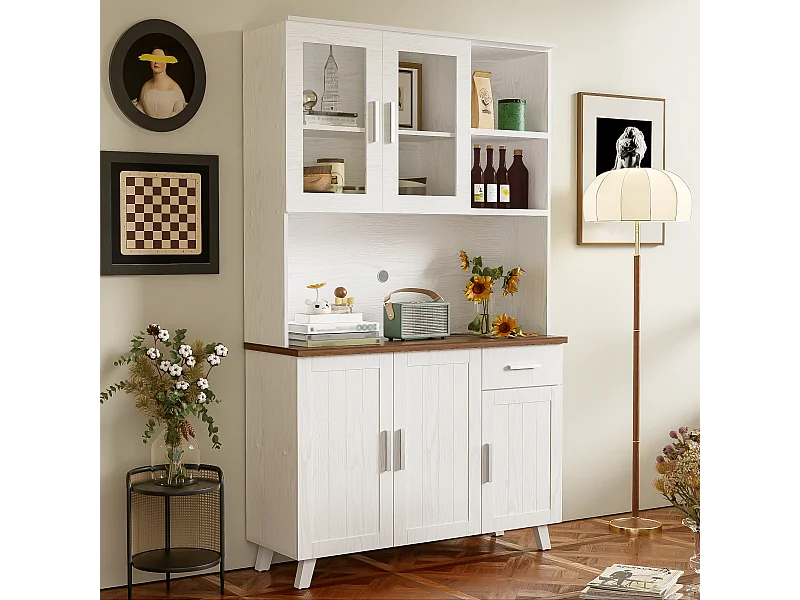 Buffet de cuisine 114.5x40x190cm avec 5 portes, 1 tiroir et 2 niches, corps en placage woodgrain blanc et marron