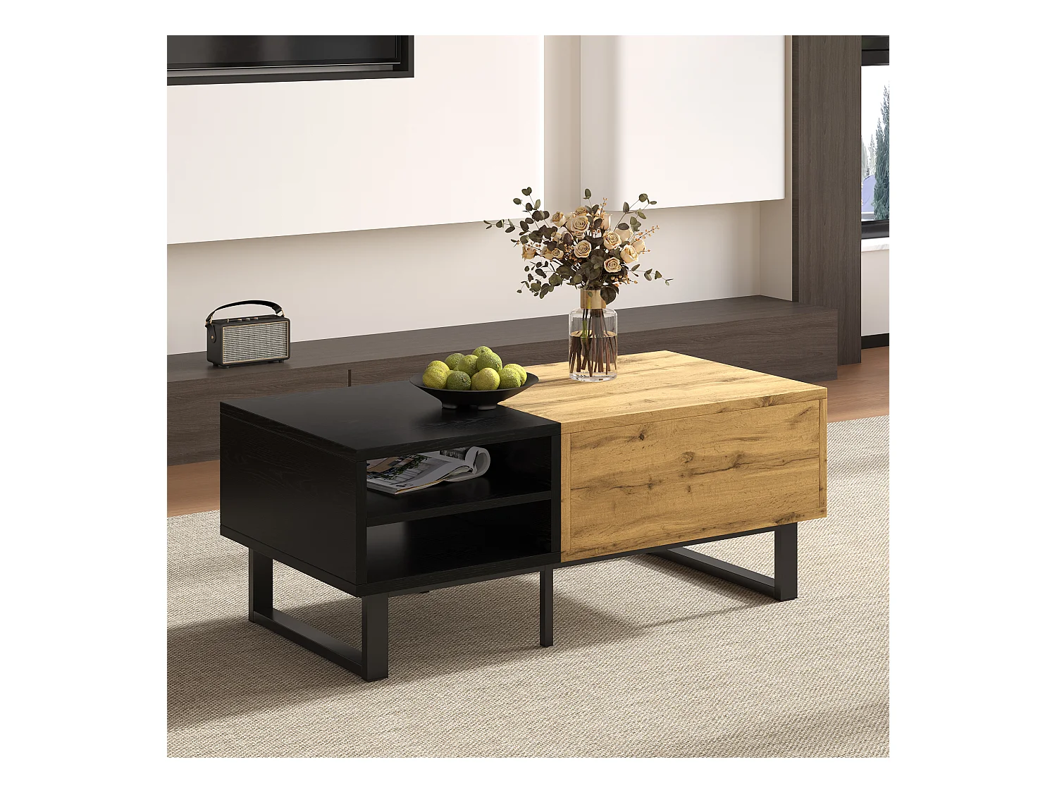 Tavolino rettangolare 100x50x40cm con cassetto, corpo in legno nero e naturale