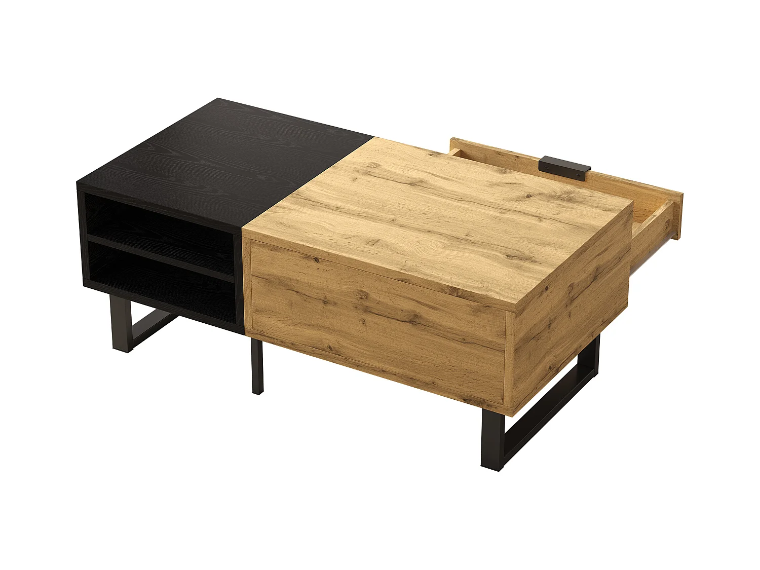 Tavolino rettangolare 100x50x40cm con cassetto, corpo in legno nero e naturale