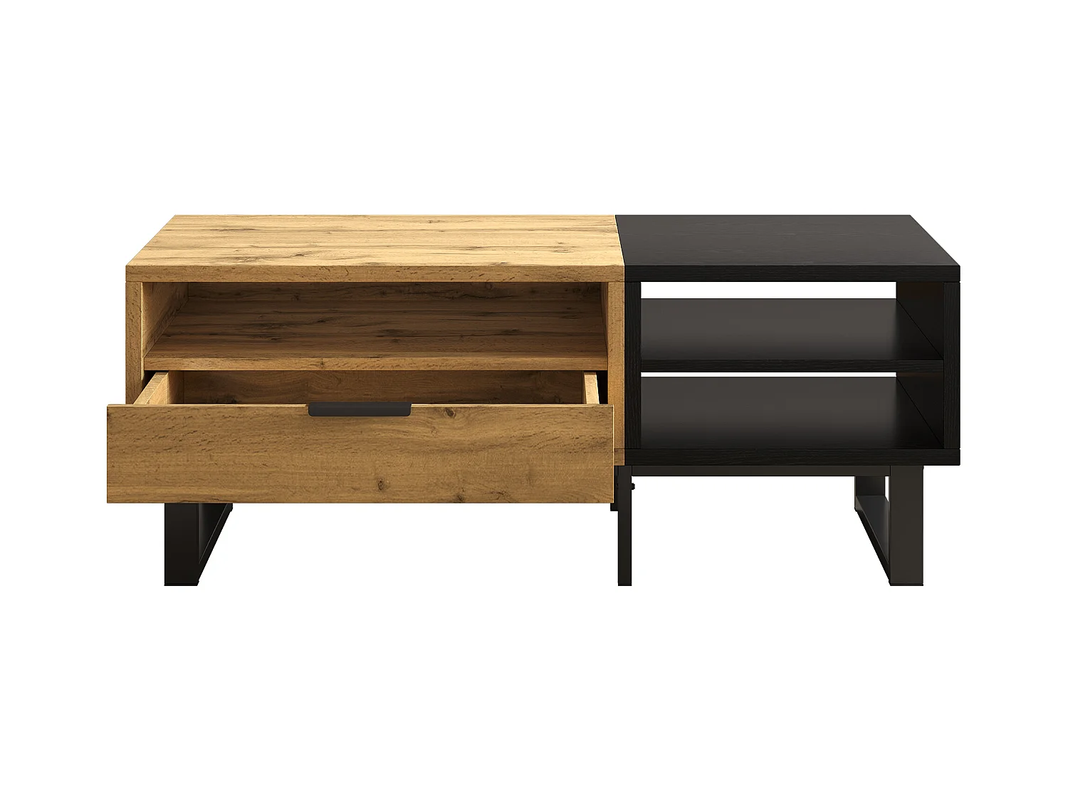 Tavolino rettangolare 100x50x40cm con cassetto, corpo in legno nero e naturale