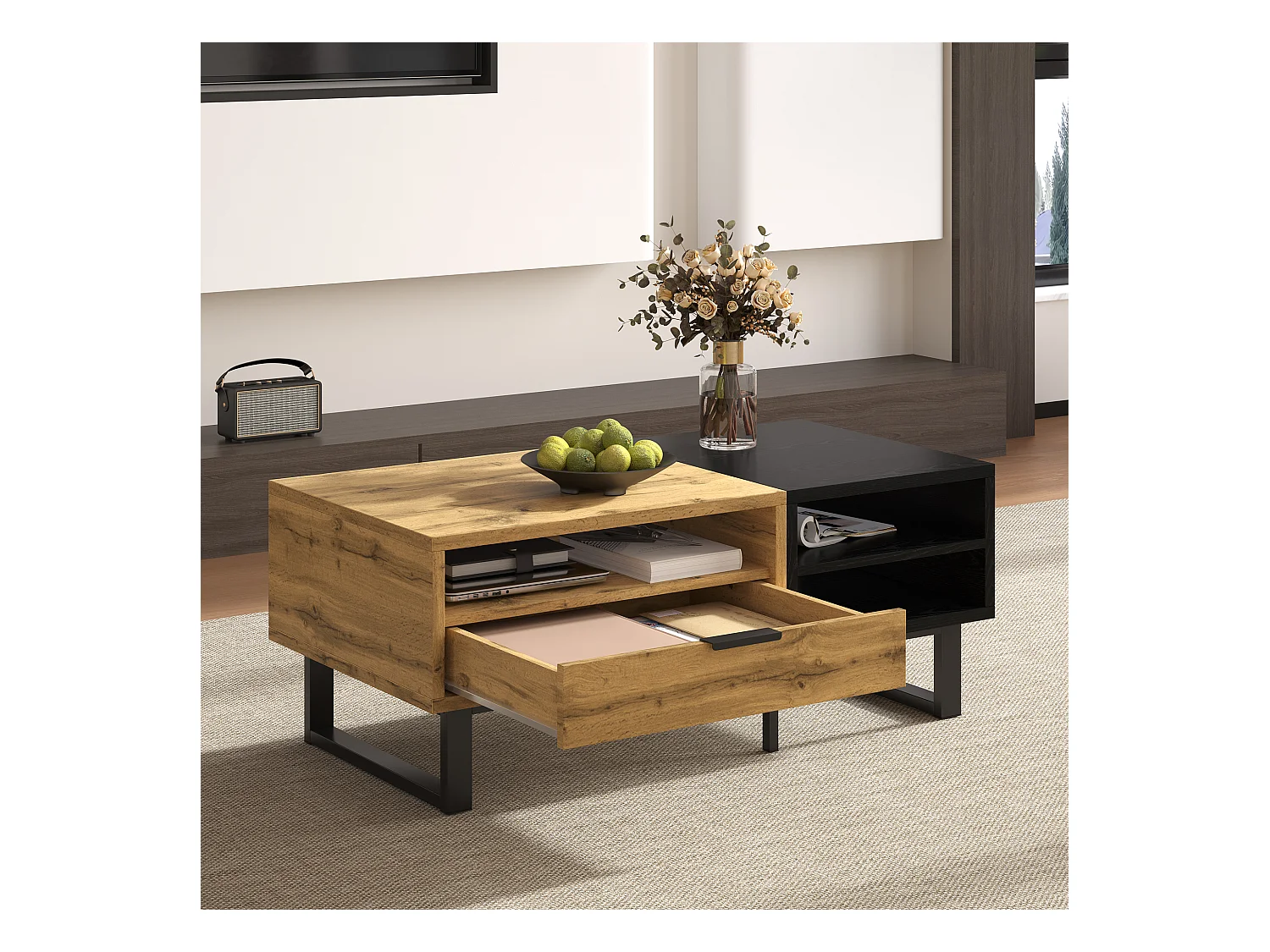 Table basse rectangle 100x50x40cm avec tiroir, corps en noir et bois naturel