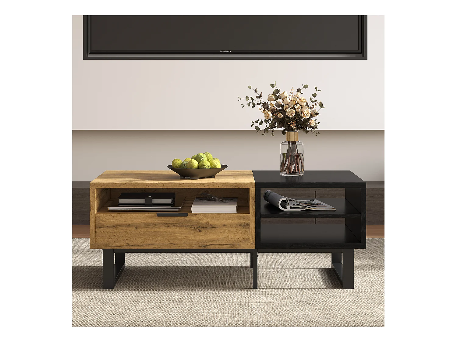 Table basse rectangle 100x50x40cm avec tiroir, corps en noir et bois naturel