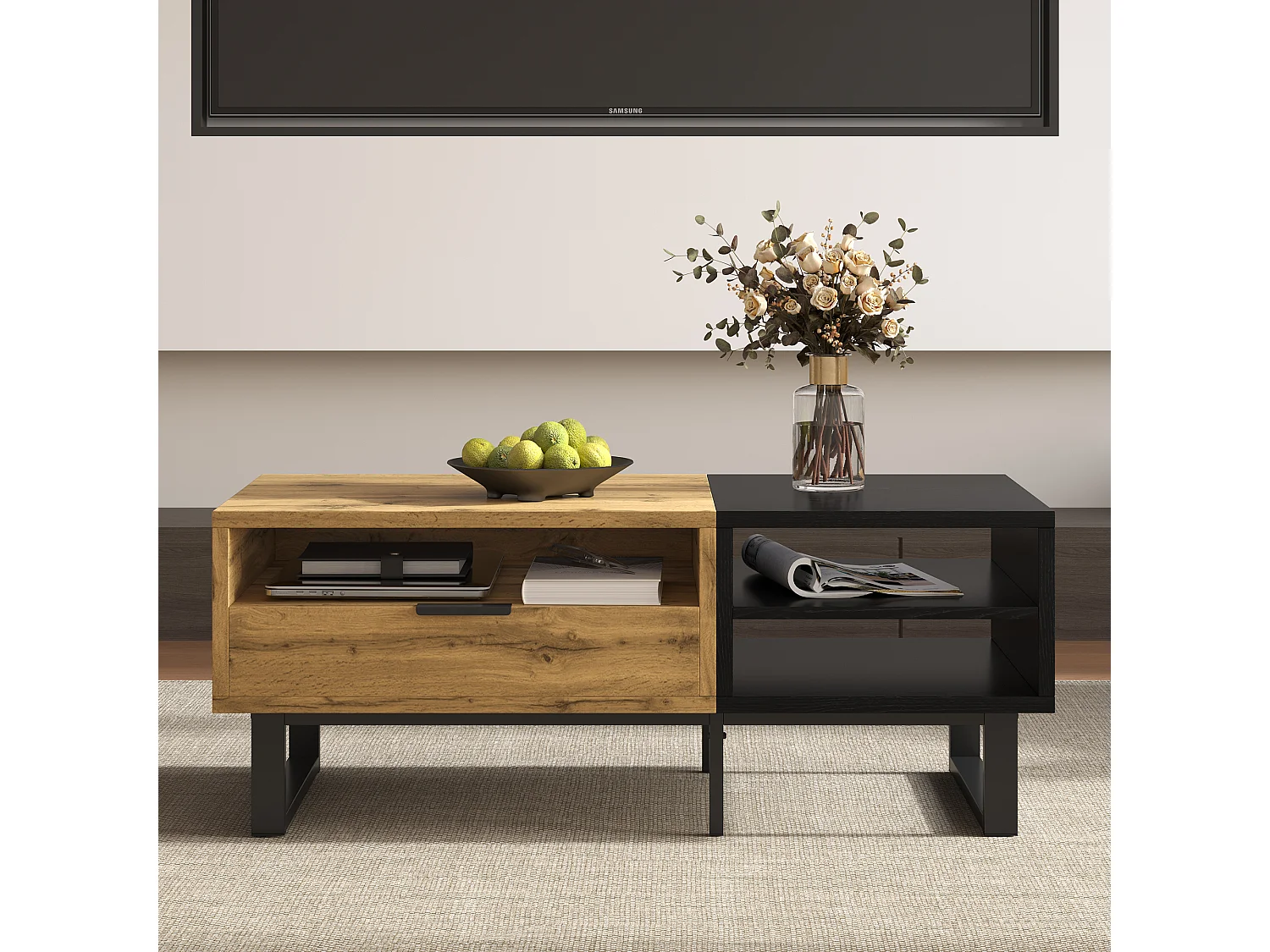 Table basse rectangle 100x50x40cm avec tiroir, corps en noir et bois naturel