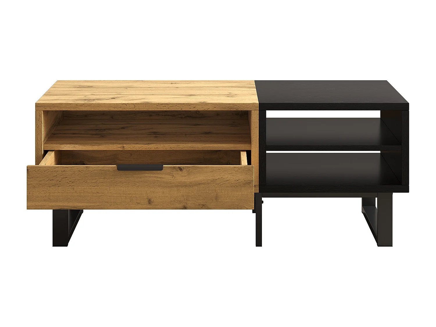 Table basse rectangle 100x50x40cm avec tiroir, corps en noir et bois naturel