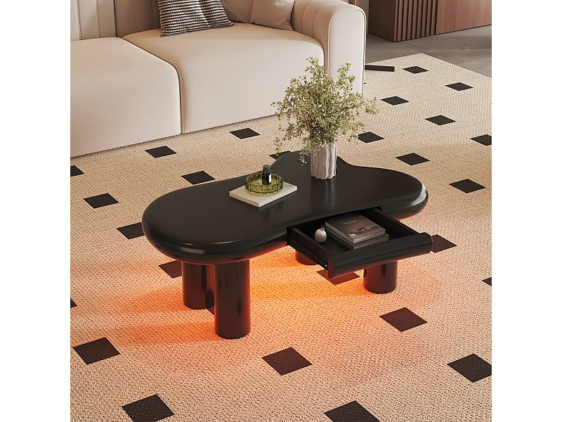 Salontafel 98x65,5x40cm met wolkvormig blad en 4 dikke poten, 1 lade en LED inbegrepen, zwart