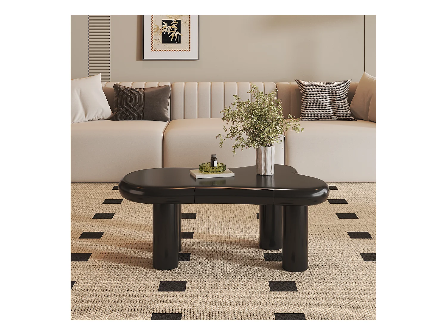 Salontafel 98x65,5x40cm met wolkvormig blad en 4 dikke poten, 1 lade en LED inbegrepen, zwart