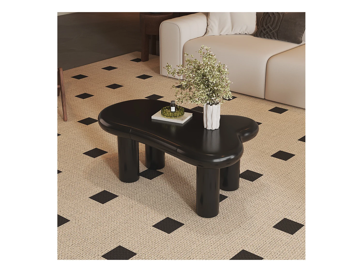 Table basse 98x65.5x40cm avec plateau en forme de nuage et 4 pieds épais, 1 tiroir et LED inclus, noir