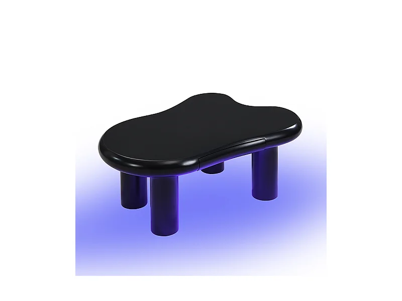 Table basse 98x65.5x40cm avec plateau en forme de nuage et 4 pieds épais, 1 tiroir et LED inclus, noir