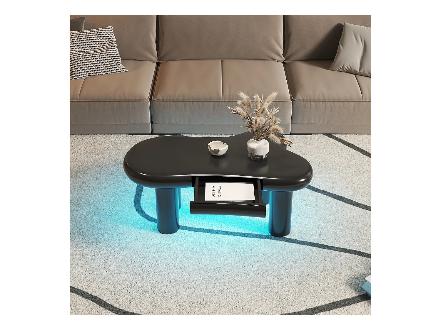 Table basse 98x65.5x40cm avec plateau en forme de nuage et 4 pieds épais, 1 tiroir et LED inclus, noir