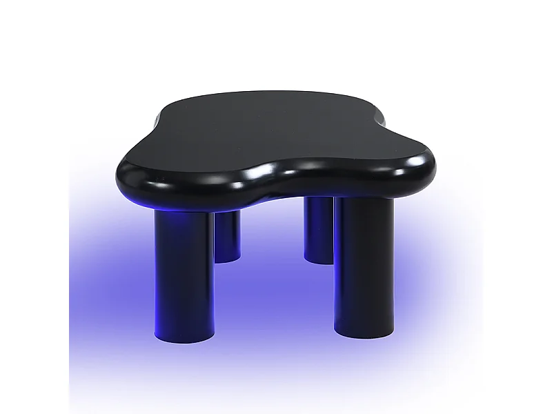 Table basse 98x65.5x40cm avec plateau en forme de nuage et 4 pieds épais, 1 tiroir et LED inclus, noir