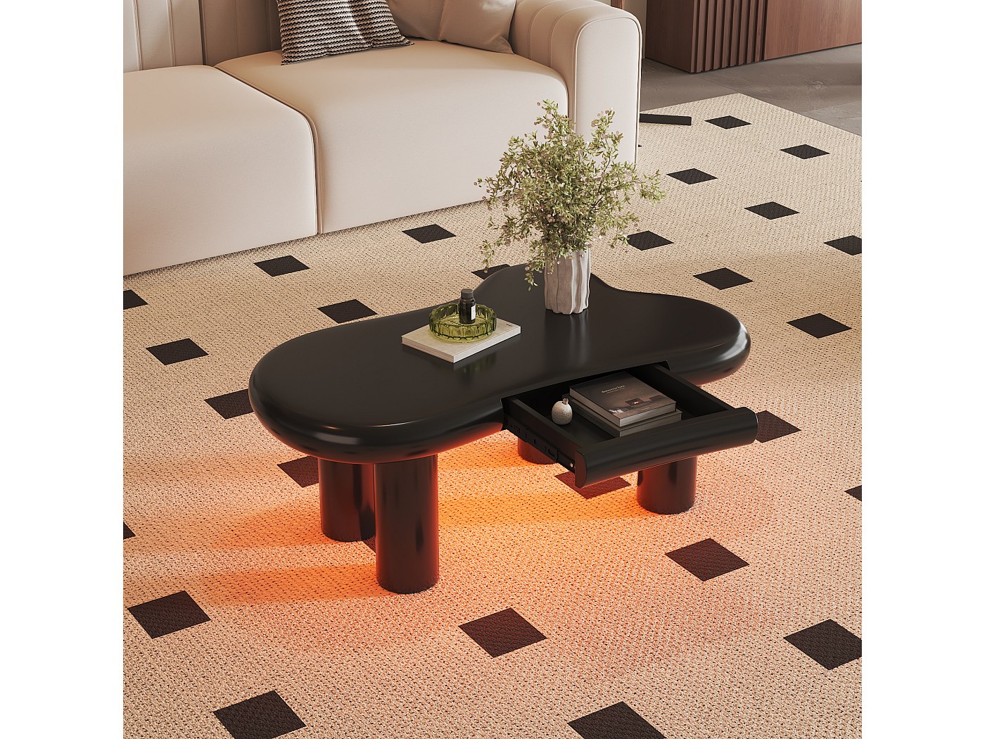 Lexiou Tavolino A Forma Di Nuvola, 107x66x40,5 Cm, Piano In MDF E Gambe In PVC, Base In Feltro, Bianco, Moderno E Leggero - 5
