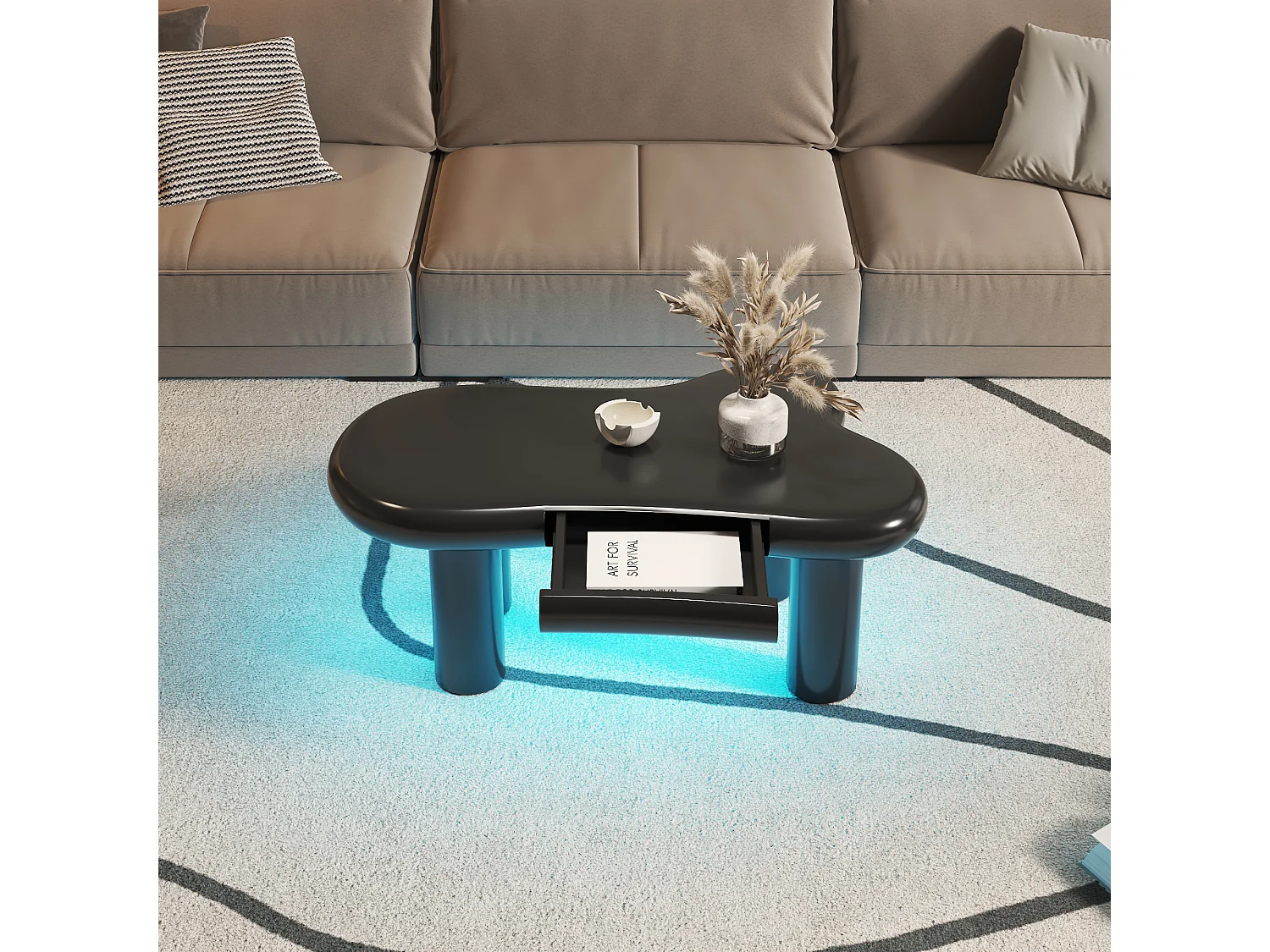 Salontafel 98x65,5x40cm met wolkvormig blad en 4 dikke poten, 1 lade en LED inbegrepen, zwart