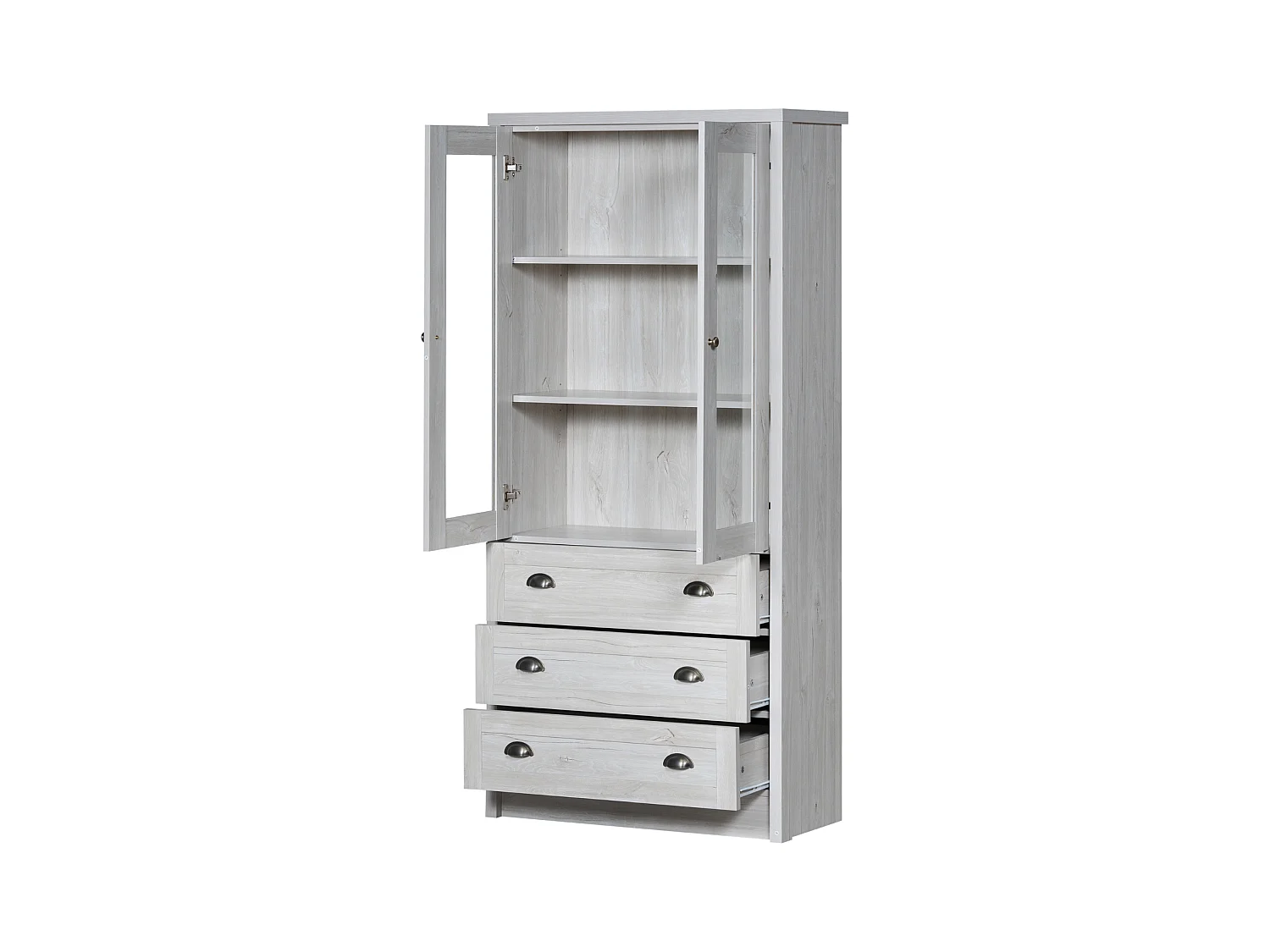 Mobile alto 80x34x171cm con 2 ante e 3 cassetti, corpo in impiallacciato effetto legno bianco con maniglie in acciaio