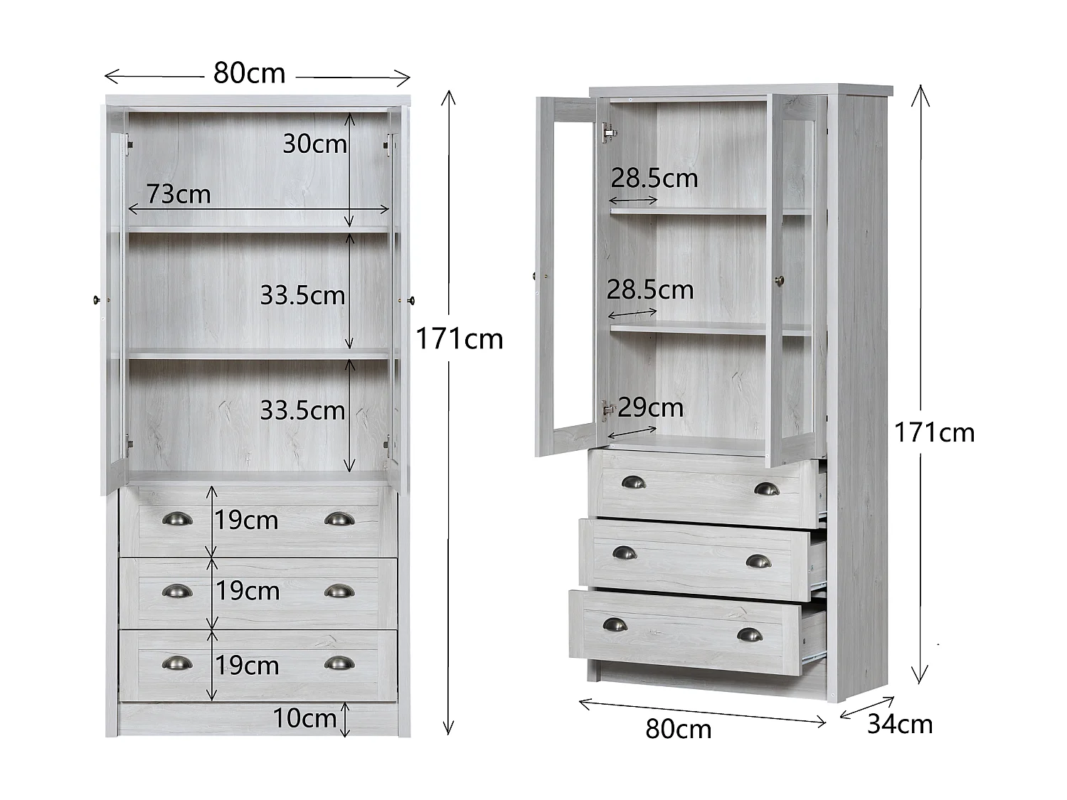 Armoire haute 80x34x171cm avec 2 portes et 3 tiroirs, corps en placage woodgrain blanc avec poignées en acier