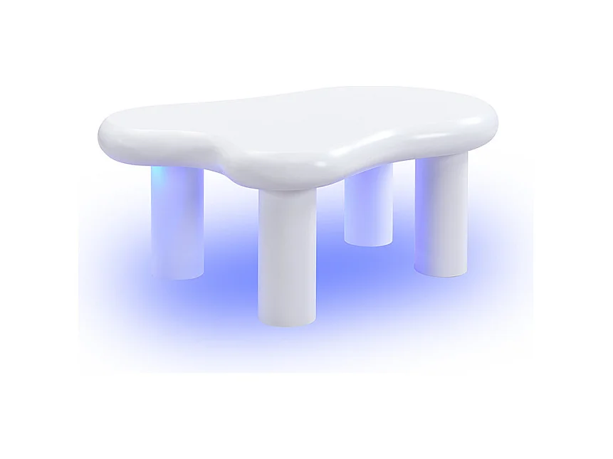 Table basse 98x65.5x40cm avec plateau en forme de nuage et 4 pieds épais, 1 tiroir et LED inclus, blanc