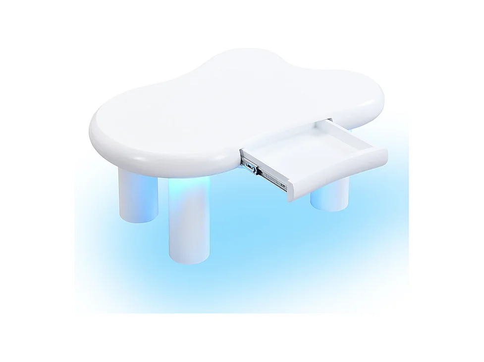 Table basse 98x65.5x40cm avec plateau en forme de nuage et 4 pieds épais, 1 tiroir et LED inclus, blanc