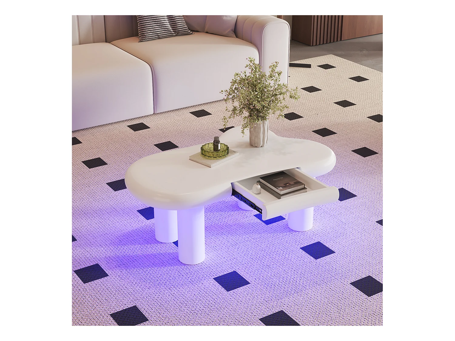 Table basse 98x65.5x40cm avec plateau en forme de nuage et 4 pieds épais, 1 tiroir et LED inclus, blanc