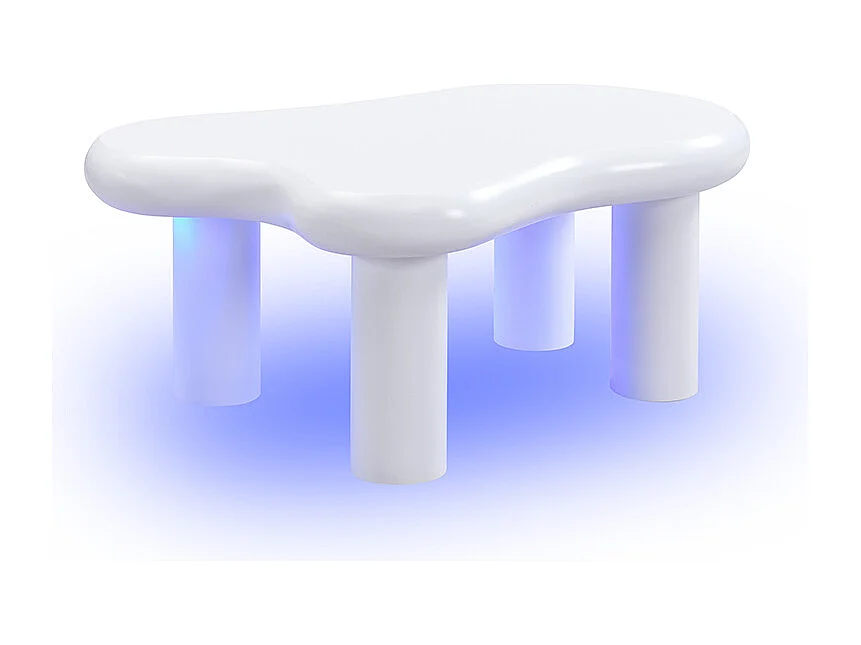 Mesa de centro 98x65,5x40cm com tampo em forma de nuvem e 4 pés grossos, 1 gaveta e LED incluído, branca