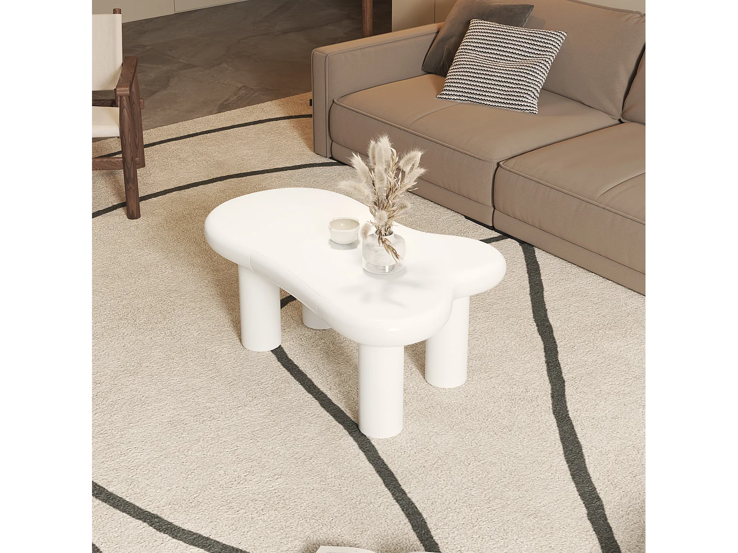 Mesa de centro 98x65,5x40cm com tampo em forma de nuvem e 4 pés grossos, 1 gaveta e LED incluído, branca