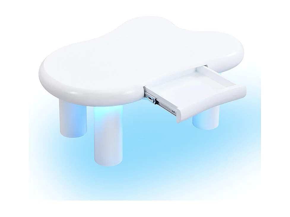 Mesa de centro 98x65,5x40cm com tampo em forma de nuvem e 4 pés grossos, 1 gaveta e LED incluído, branca