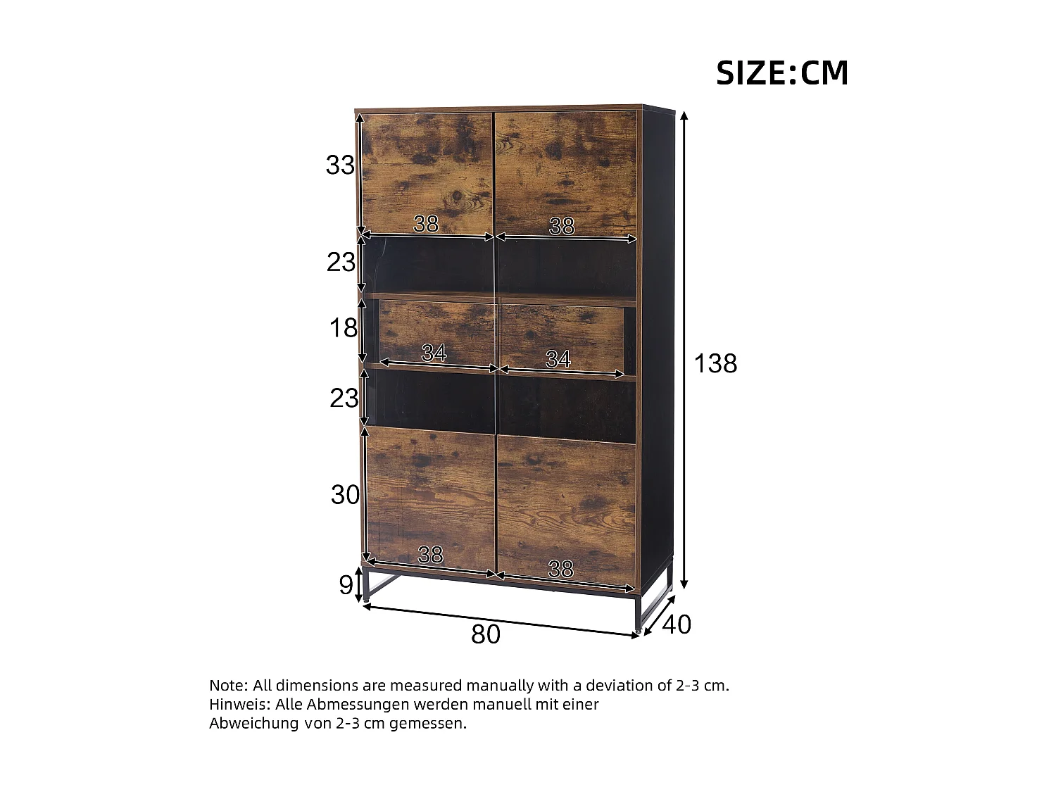 Vitrine 80x40x138cm avec 2 portes en acrylique et 2 tiroirs, LED inclus, corps en marron et noir