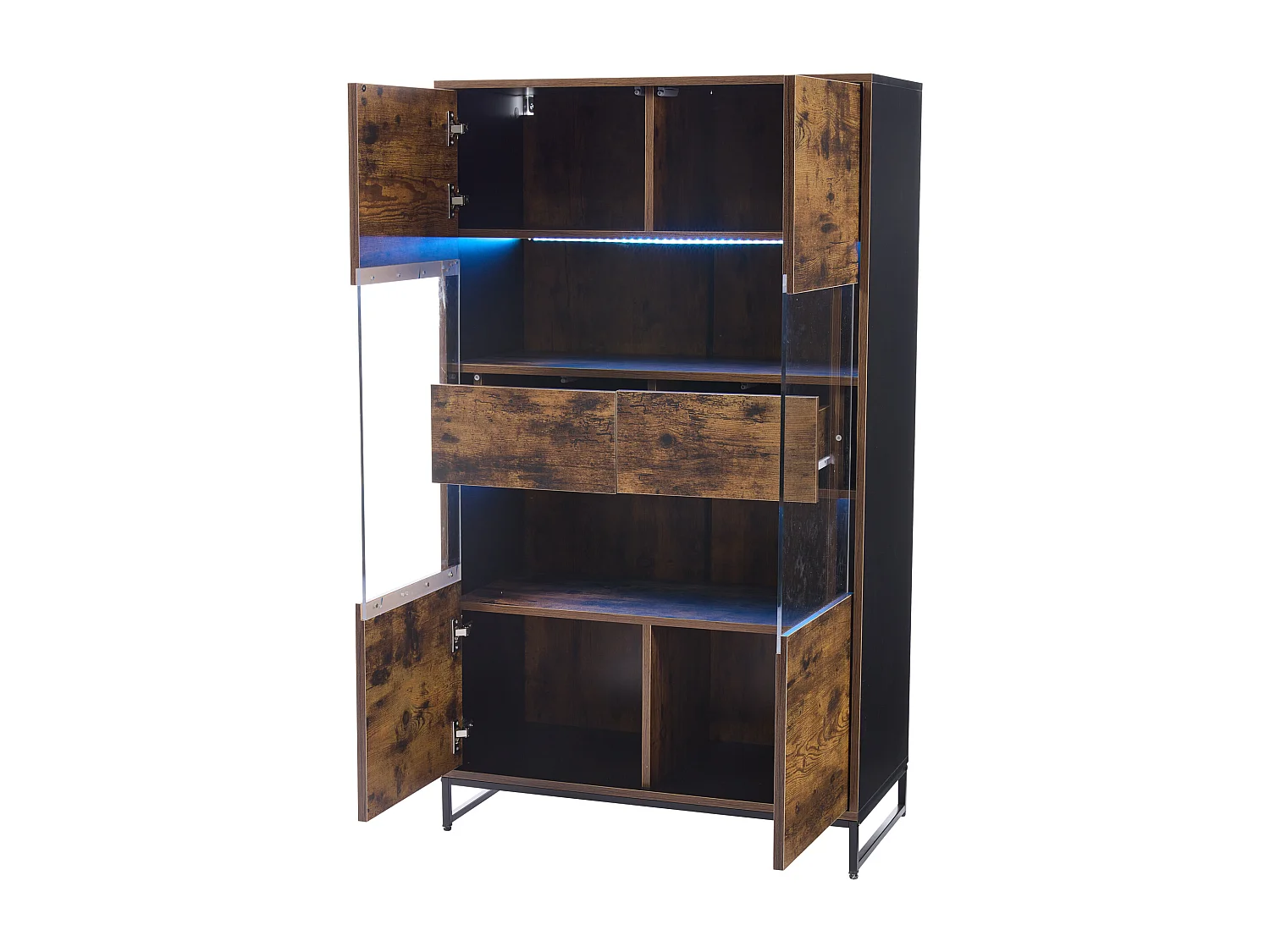 Vitrine 80x40x138cm avec 2 portes en acrylique et 2 tiroirs, LED inclus, corps en marron et noir