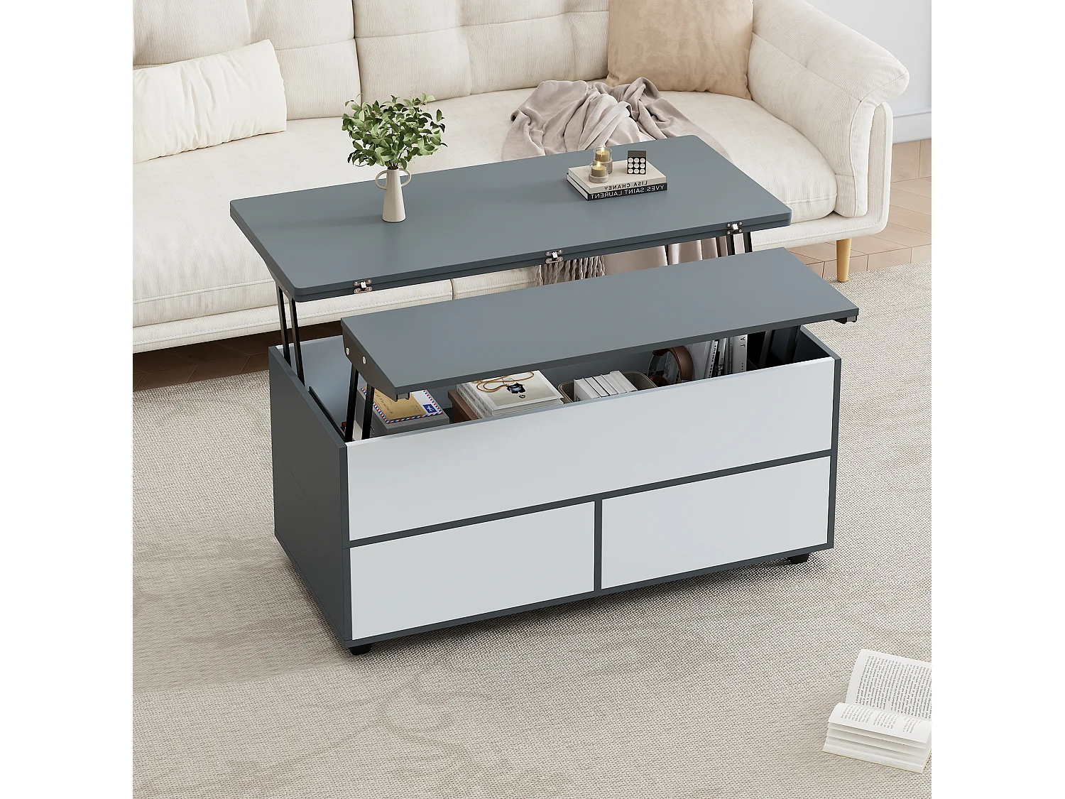 Table basse rectangle à roulettes 100x98x65cm avec plateau relevable et 1 tiroir, rangement intégré spacieux, gris et blanc