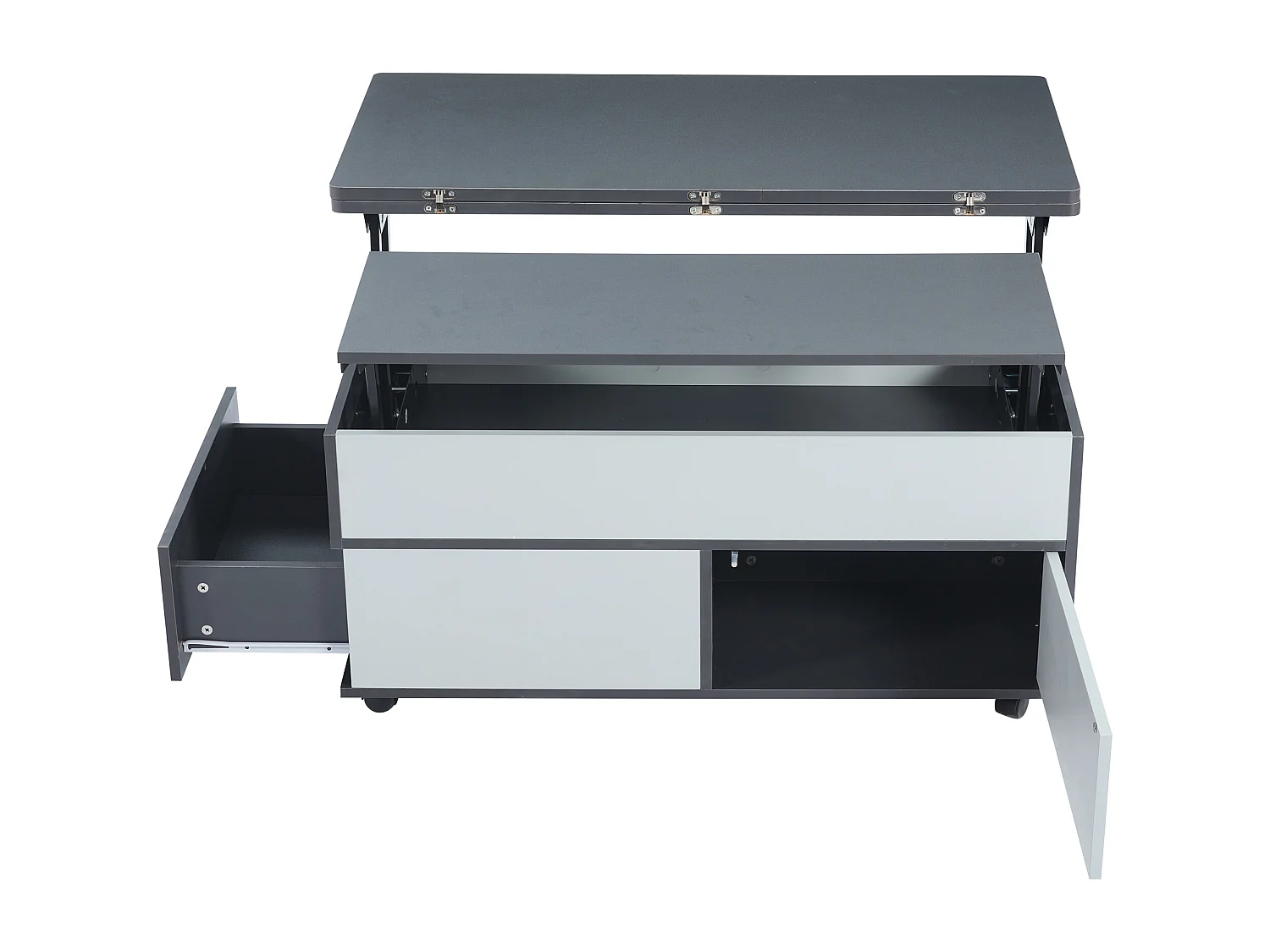 Table basse rectangle à roulettes 100x98x65cm avec plateau relevable et 1 tiroir, rangement intégré spacieux, gris et blanc