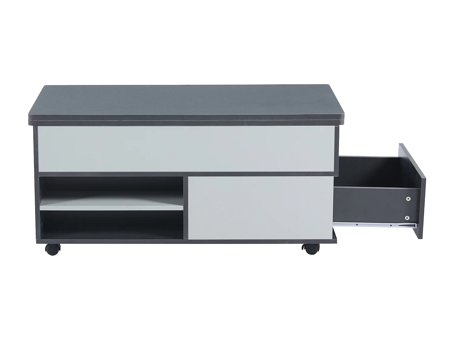 Table basse rectangle à roulettes 100x98x65cm avec plateau relevable et 1 tiroir, rangement intégré spacieux, gris et blanc