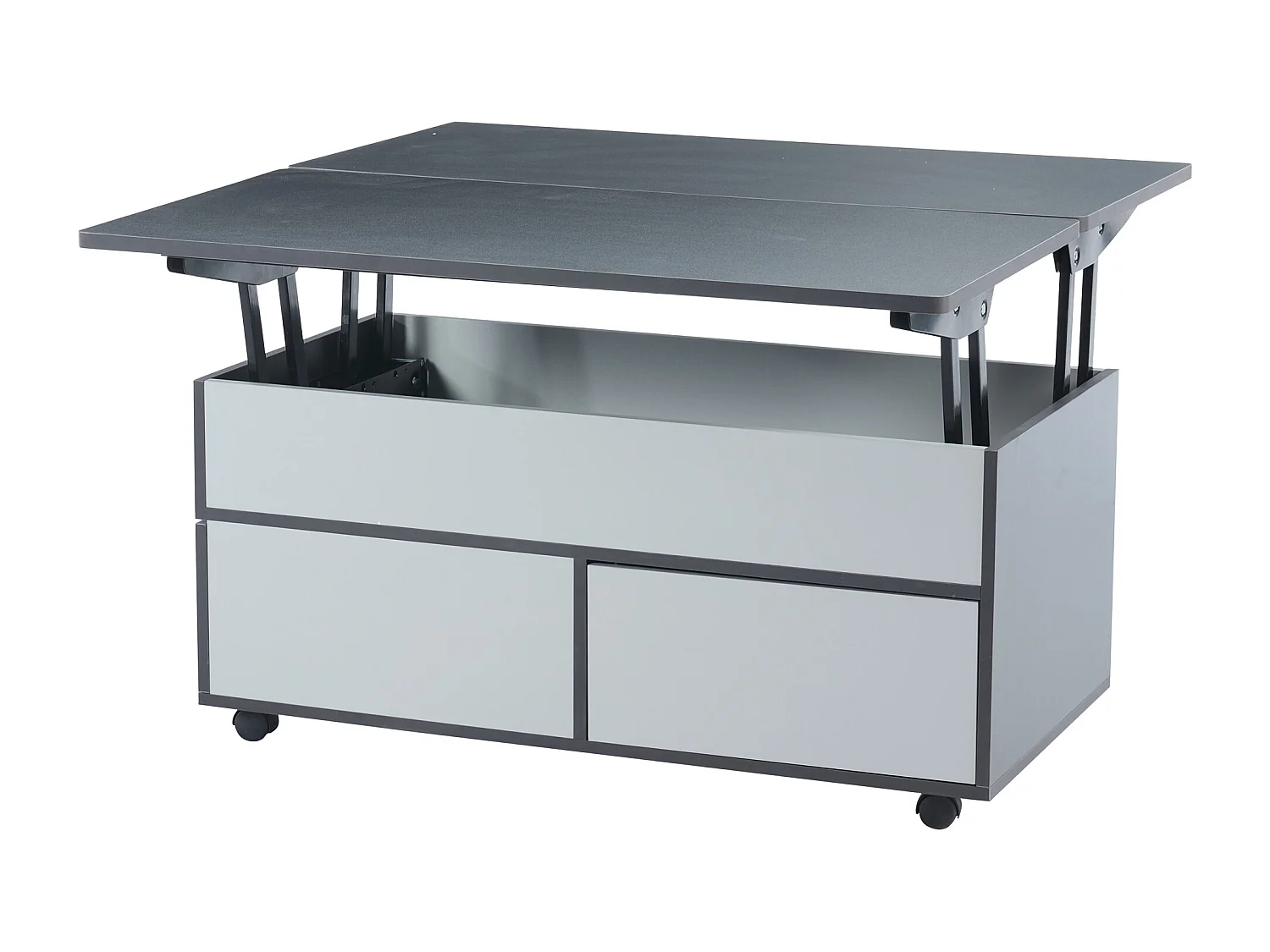 Table basse rectangle à roulettes 100x98x65cm avec plateau relevable et 1 tiroir, rangement intégré spacieux, gris et blanc