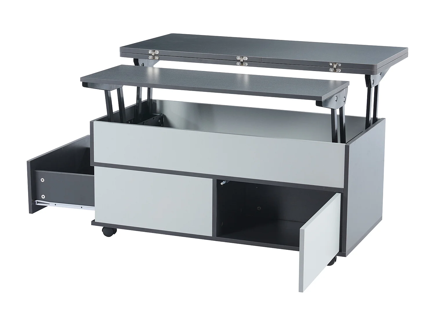 Table basse rectangle à roulettes 100x98x65cm avec plateau relevable et 1 tiroir, rangement intégré spacieux, gris et blanc