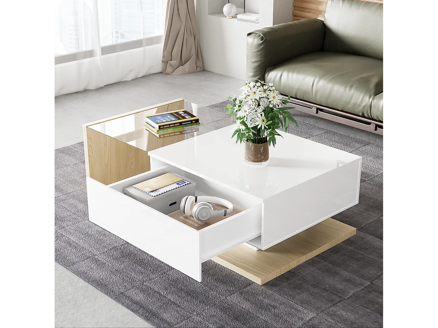 Rechthoekige salontafel 105x55x32,5cm met lade, onderstel in wit en licht hout, glazen blad