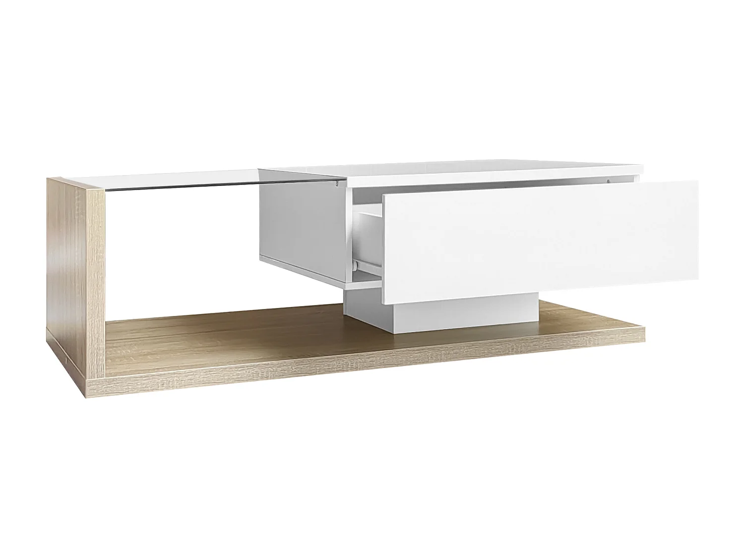 Rechthoekige salontafel 105x55x32,5cm met lade, onderstel in wit en licht hout, glazen blad