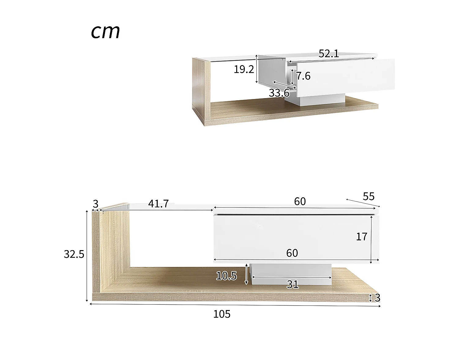 Rechthoekige salontafel 105x55x32,5cm met lade, onderstel in wit en licht hout, glazen blad