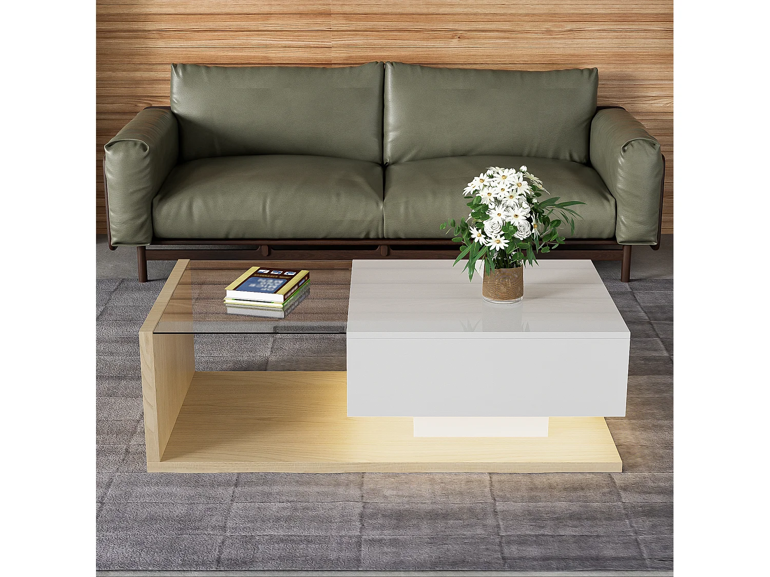 Rechthoekige salontafel 105x55x32,5cm met lade, onderstel in wit en licht hout, glazen blad